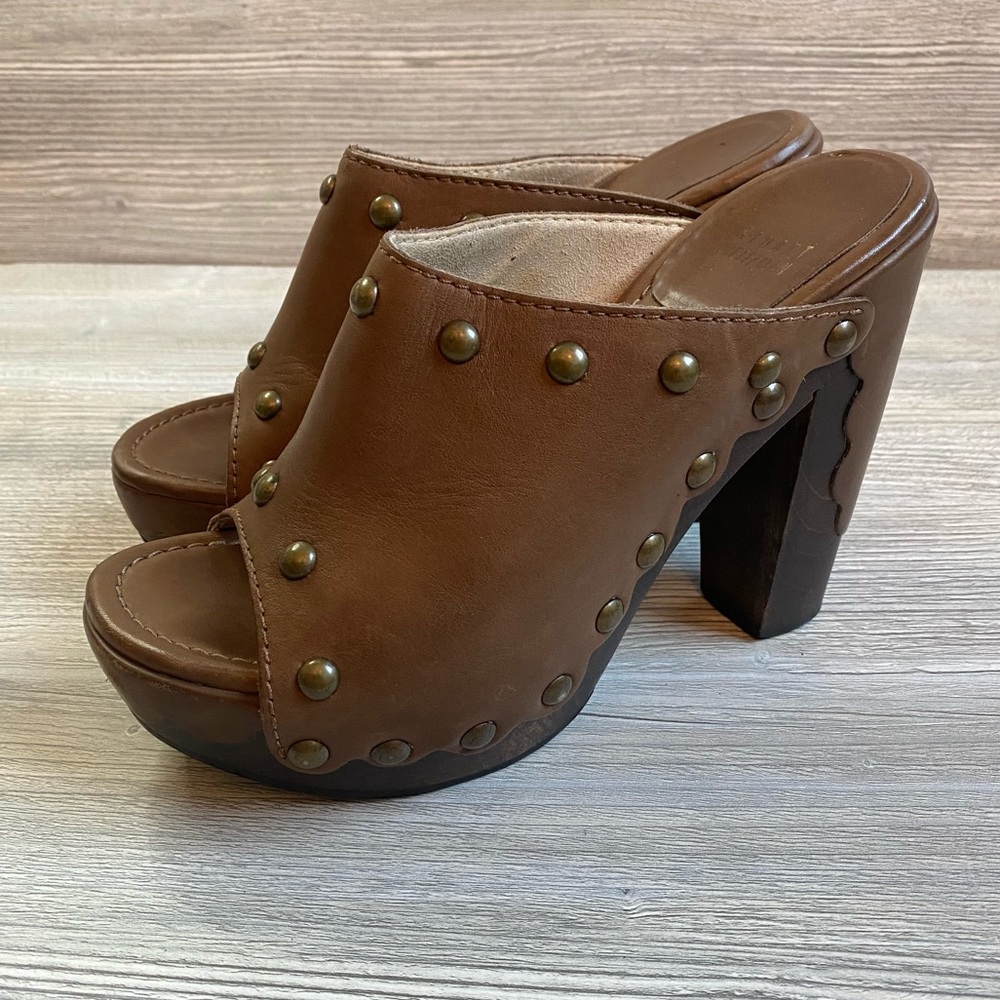 Brown leather studded peep toe clog. Stuart Weitzman sequoia wood heel size 7.5